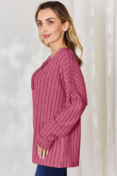 Basic Bae Full Size Ribbed Half Button Long Sleeve Shirt