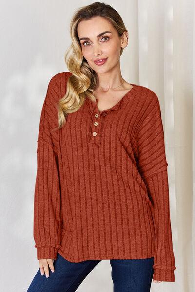 Basic Bae Full Size Ribbed Half Button Long Sleeve Shirt