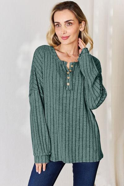 Basic Bae Full Size Ribbed Half Button Long Sleeve Shirt