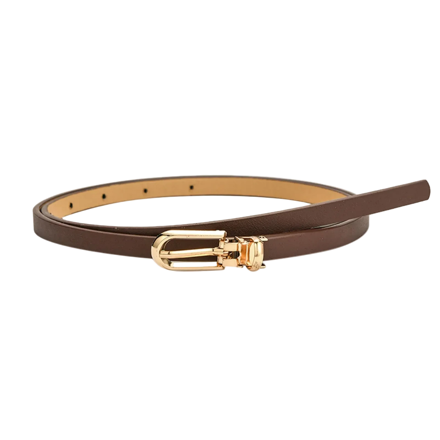 Brown belt with a gold buckle