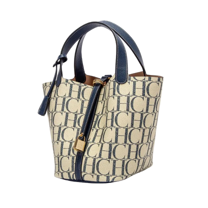 Beige handbag with blue handles and monogram pattern