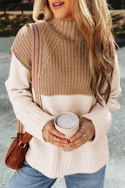 Color Block Slit Mock Neck Sweater