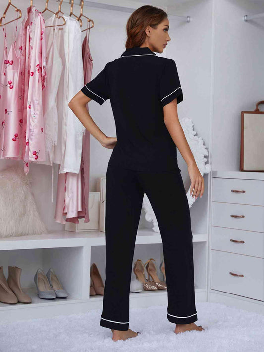 Contrast Piping Lapel Collar Short Sleeve Top and Pants Pajama Set Carauana Store