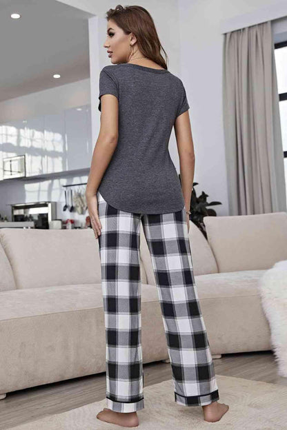 Curved Hem Short Sleeve Top and Plaid Pants Lounge Set