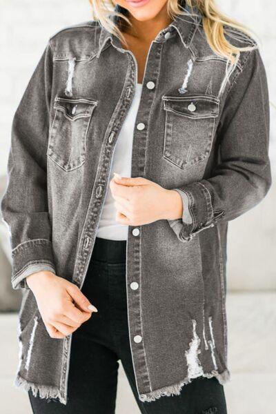 Distressed Button Up Raw Hem Denim Jacket