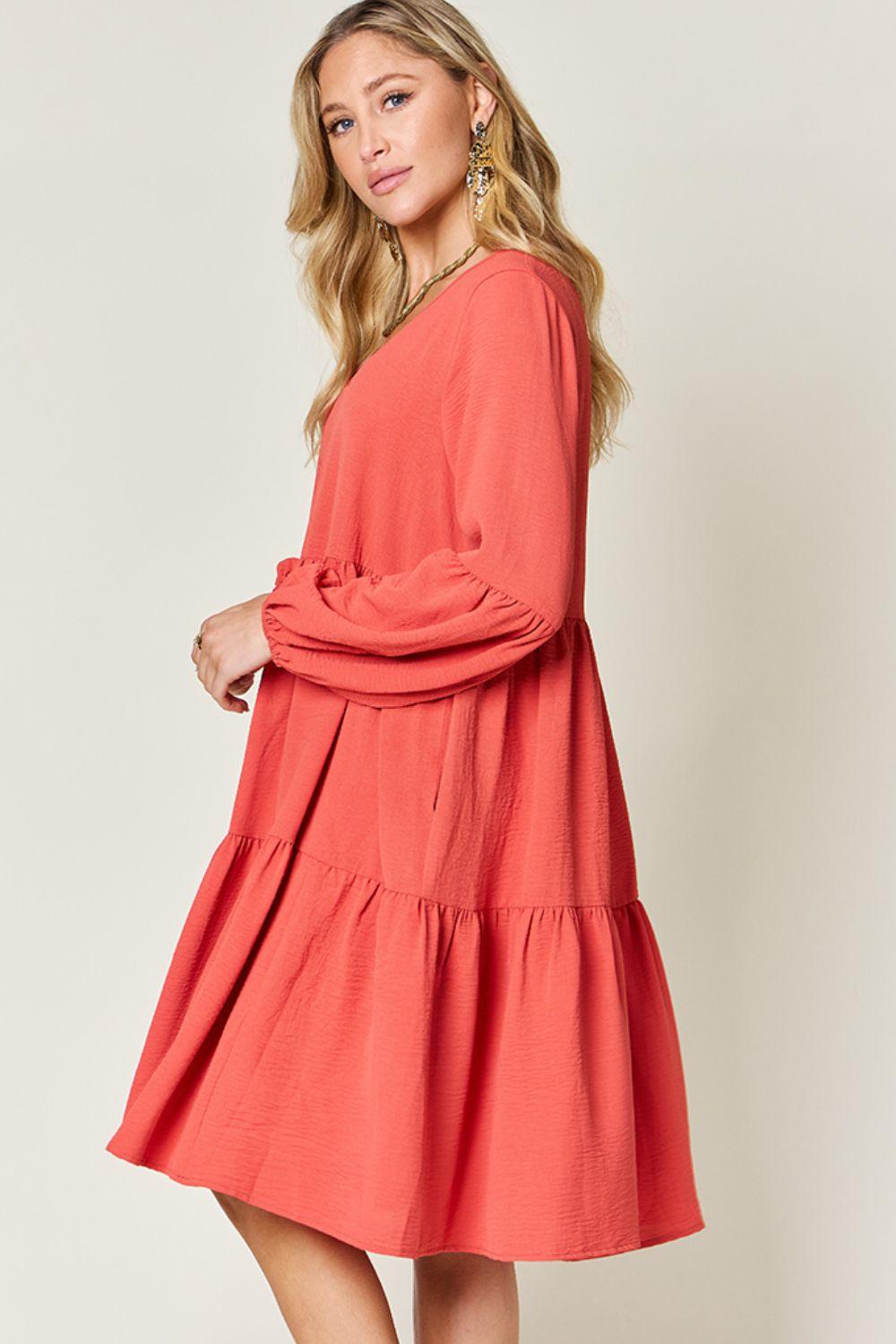 Double Take Full Size V-Neck Balloon Sleeve Tiered Dress