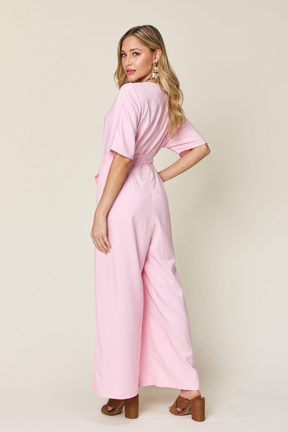 Double Take Full Size V-Neck Tie Front Short Sleeve Slit Jumpsuit