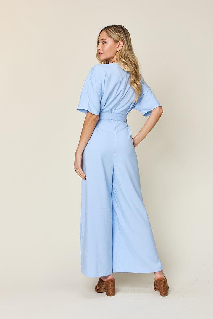 Double Take Full Size V-Neck Tie Front Short Sleeve Slit Jumpsuit