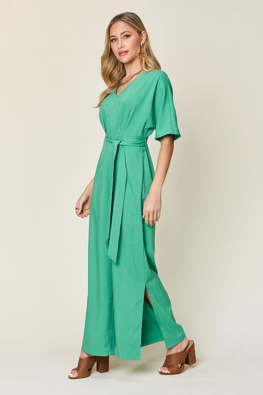 Double Take Full Size V-Neck Tie Front Short Sleeve Slit Jumpsuit