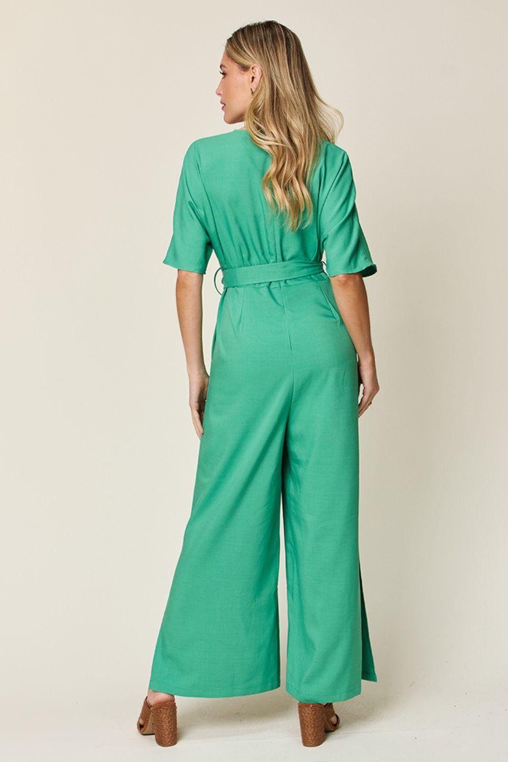 Double Take Full Size V-Neck Tie Front Short Sleeve Slit Jumpsuit