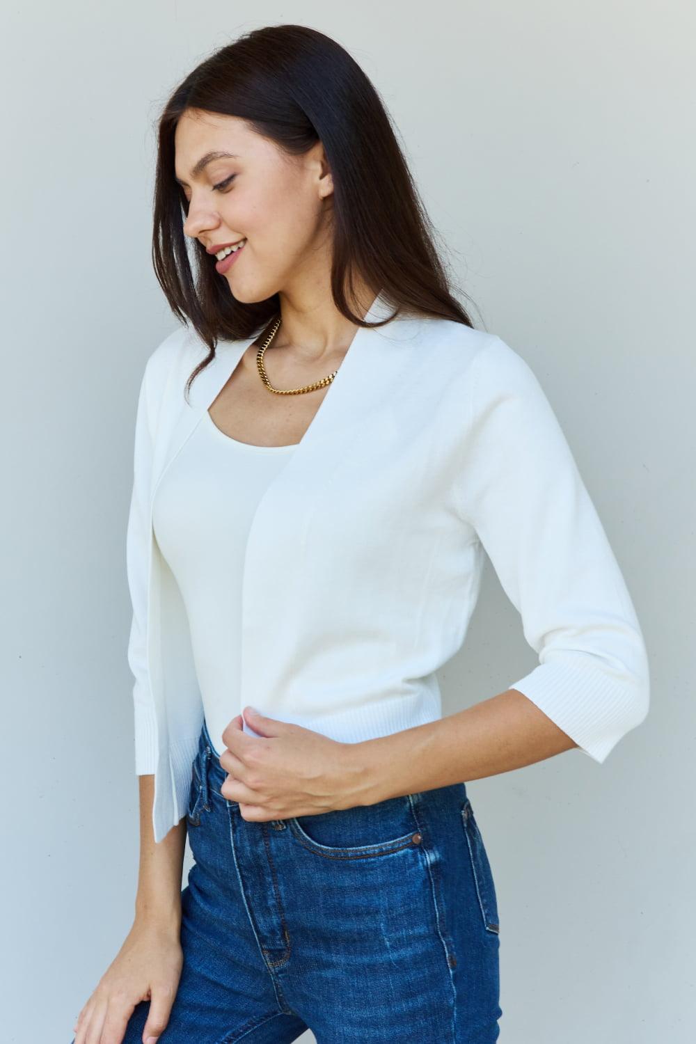 Doublju My Favorite Full Size 3/4 Sleeve Cropped Cardigan in Ivory