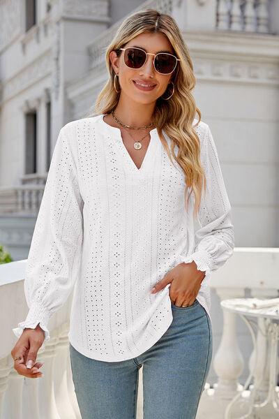 Eyelet Notched Lantern Sleeve T-Shirt