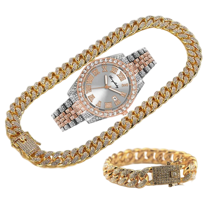 Gold and rose gold watch with diamond-encrusted chain
