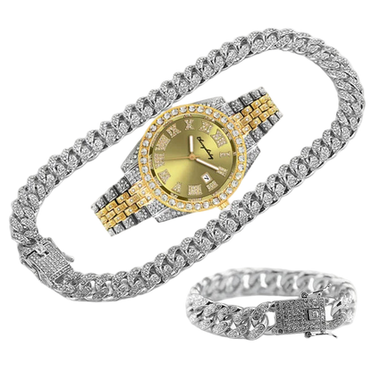 Gold and silver watch with a prominent diamond-studded band