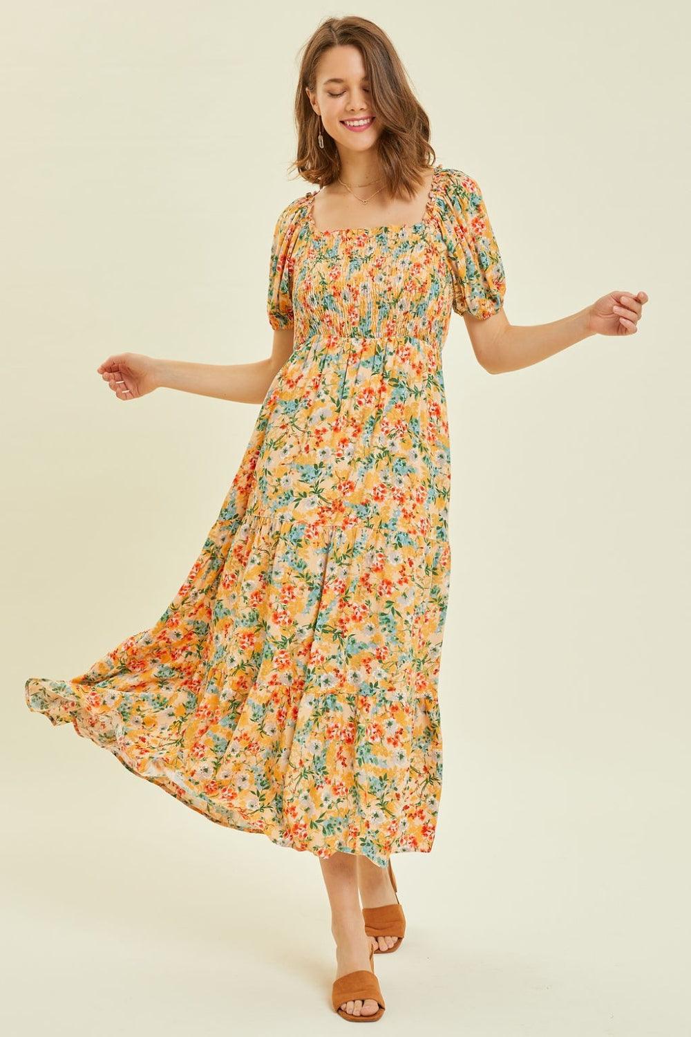 HEYSON Full Size Floral Smocked Tiered Midi Dress