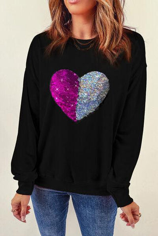 Heart Sequin Round Neck Dropped Shoulder Sweatshirt