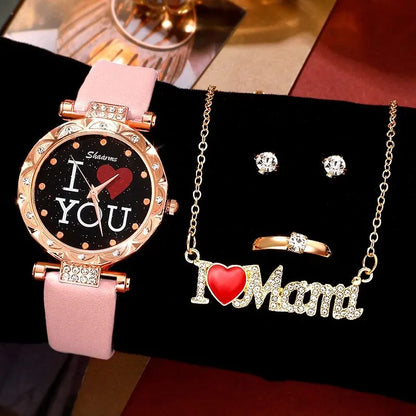 Jewelry set with watch, necklace, and earrings on a black background