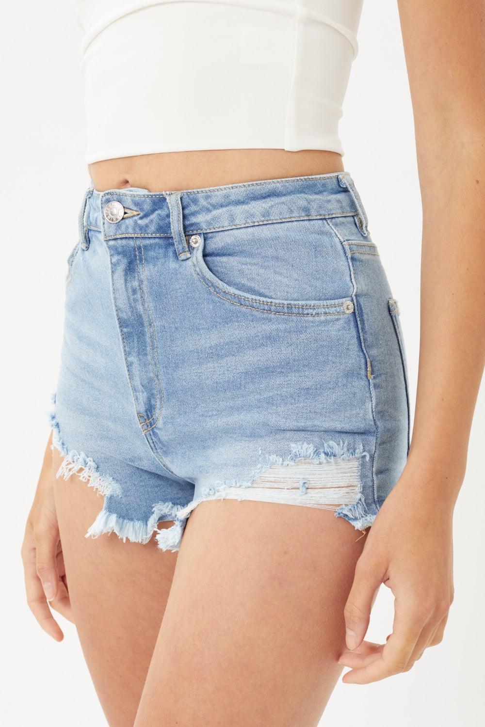 LOVE TREE Raw Hem Cat's Whisker Denim Shorts