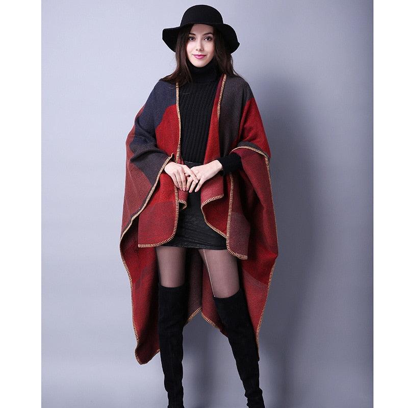 Lattice Women Travel Shawl Imitation Cashmere European National Style Fork Thickened Cloak Ponchos Capes