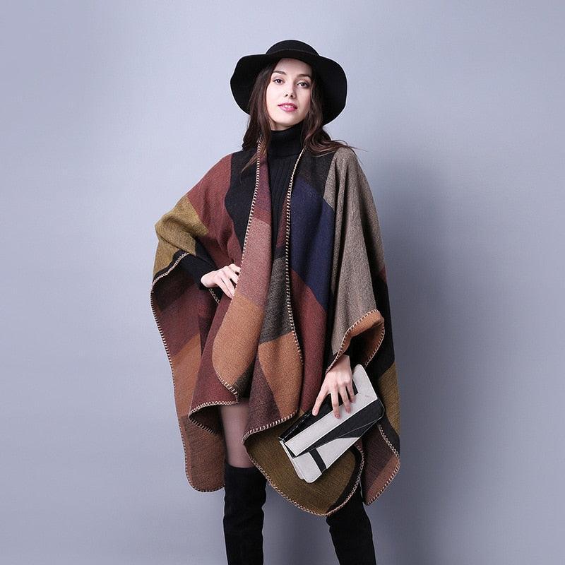 Lattice Women Travel Shawl Imitation Cashmere European National Style Fork Thickened Cloak Ponchos Capes