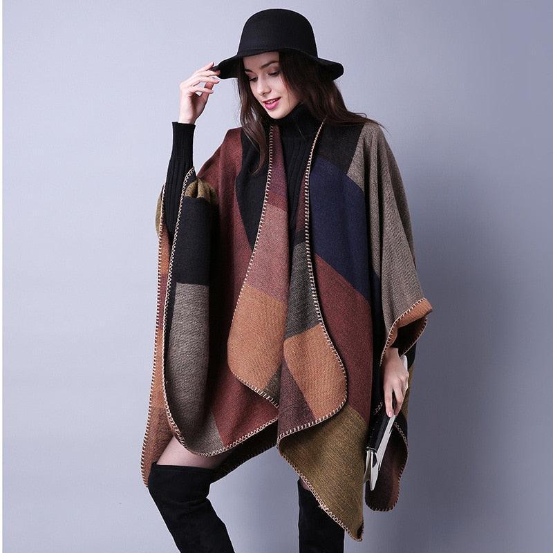 Lattice Women Travel Shawl Imitation Cashmere European National Style Fork Thickened Cloak Ponchos Capes