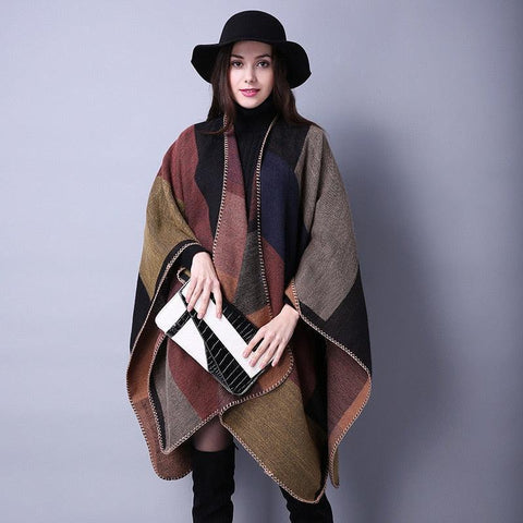 Lattice Women Travel Shawl Imitation Cashmere European  National Style Fork Thickened Cloak Ponchos Capes