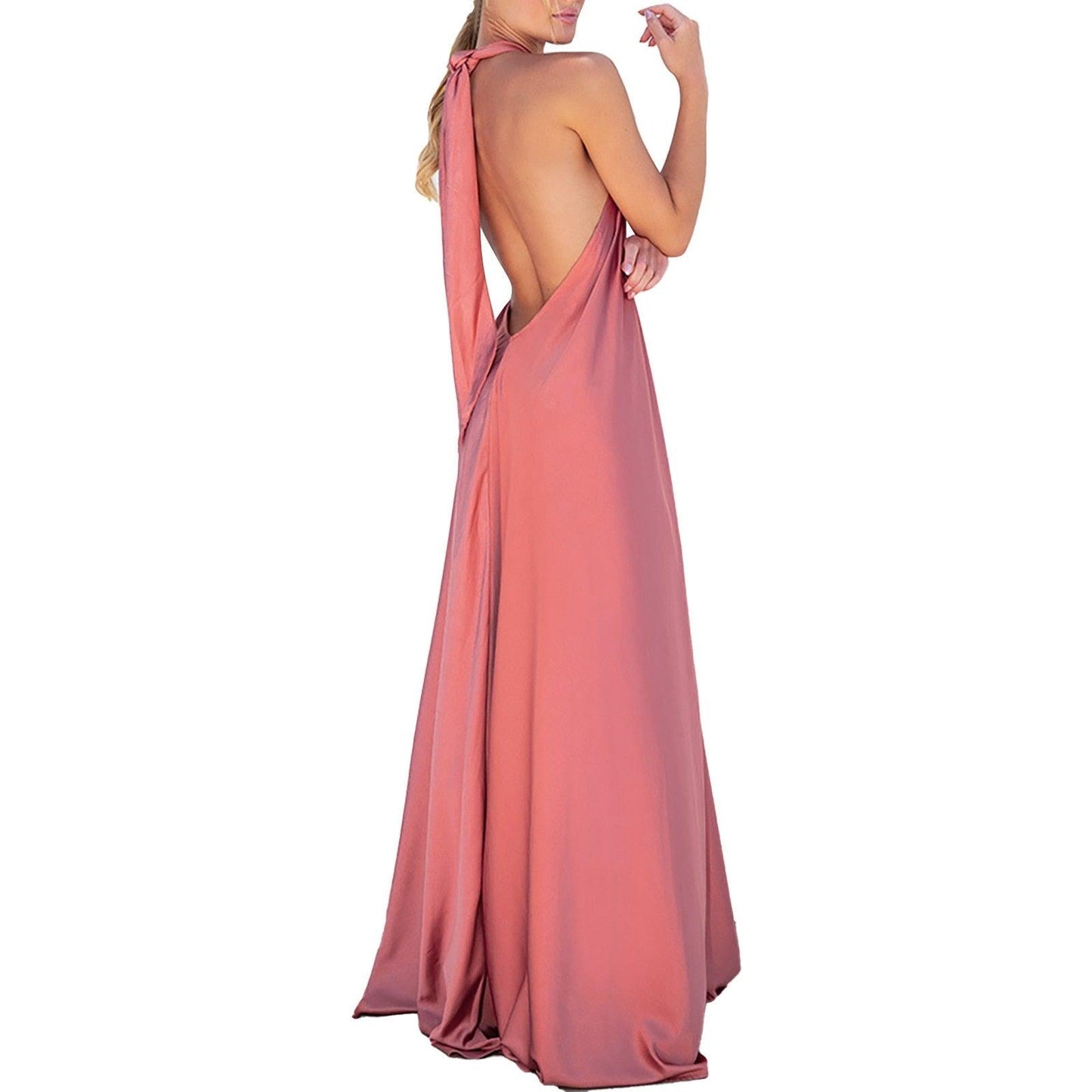 Long Formal Satin Dress Halter Neck Sleeveless