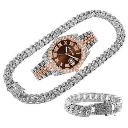 Luxury watch with rose gold and silver band and diamond-encrusted bracelet
