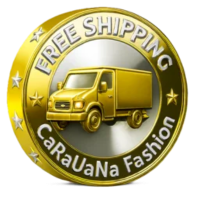 Gold emblem with a van and 'Free Shipping' text, featuring Caruana Fashion branding.