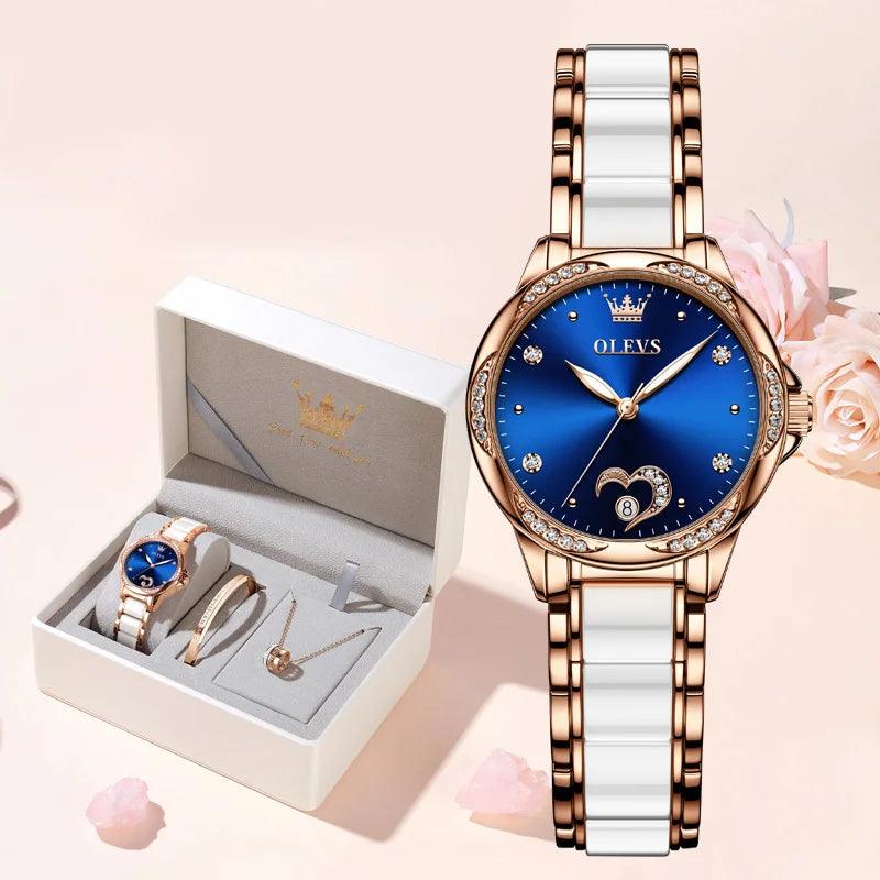 OLEVS Ceramic Band Automatic Self-Wind Watch | Fashionable & Durable with Diver Function and 5Bar Water Resistance Elegant Ladies Watch Set 6631