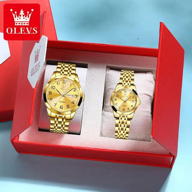 OLEVS Dance of Time: Stainless Steel Elegance with Eternal Calendars Couple's Watches Box Set