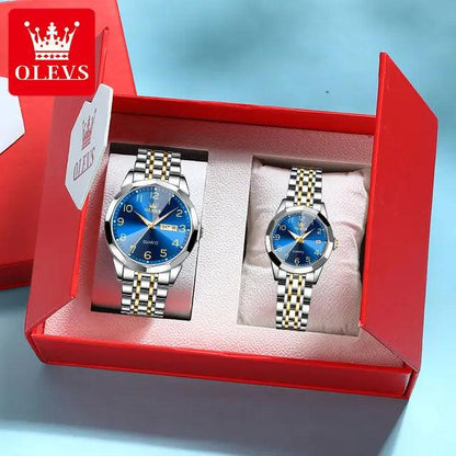 OLEVS Dance of Time: Stainless Steel Elegance with Eternal Calendars Couple's Watches Box Set