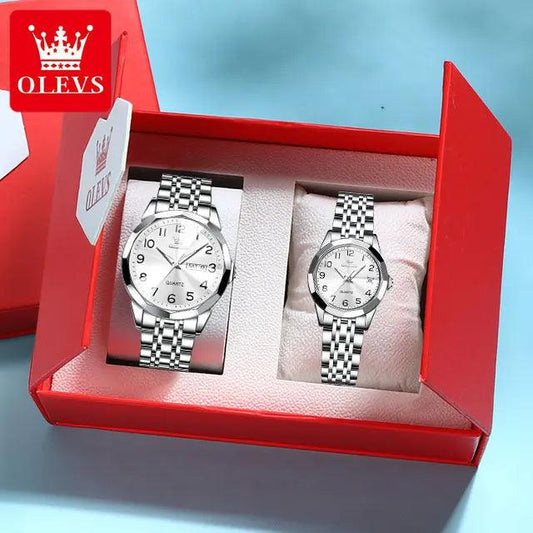 OLEVS Dance of Time: Stainless Steel Elegance with Eternal Calendars Couple's Watches Box Set