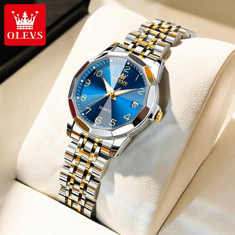 OLEVS Golden Watch for Women Luxury Elegant Rhombus Design Digital Dial Stainless Steel Strap Waterproof Calendar Clock Ladies