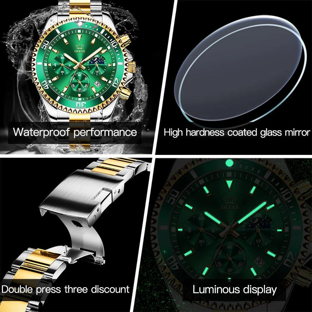 OLEVS Men Watch Stainless Steel Waterproof Luiminous Business Fashion Luxury Men's Watch Date Moon Phase Quartz Watches For Men