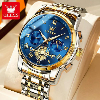 OLEVS Men’s Watch Analog Quartz Movement Business Stainless Steel Waterproof Luminous Chronograph Day Date Male Wrist Watches