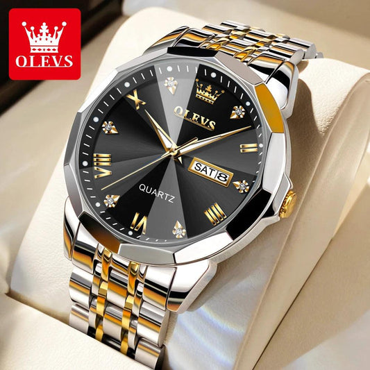 OLEVS Menâs Watches Gold Original Quartz Wristwatch Waterproof Luminous Watch for Male Rhombus Mirror Date Week Luxury Dress Carauana Store