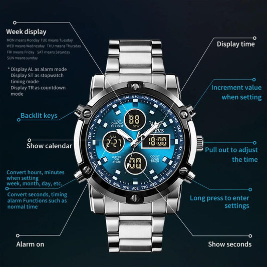 OLEVS Men's Watches Original Multifunctional Wlectronic Watch for Man Waterproof Luminous Alarm Clock Fashion Dress