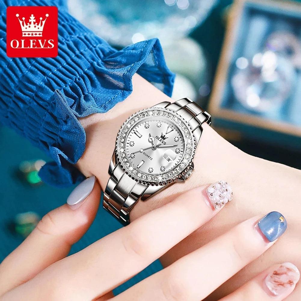 OLEVS Original Diamond Dial Quartz Watch for Women Fashion Elegant Ladies Watches Stainless Steel Waterproof Women's Wristwatch