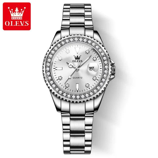 OLEVS Original Diamond Dial Quartz Watch for Women Fashion Elegant Ladies Watches Stainless Steel Waterproof Women's Wristwatch