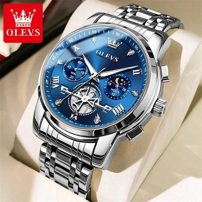 OLEVS Stainless Steel Men's Watches Chronograph Moon Phase Waterproof Luminous Quartz Wrist Watch for Men Luxury Brand Man Watch