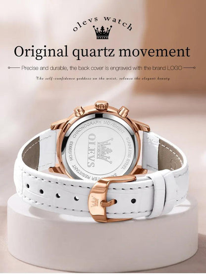 OLEVS Women's Diamond Quartz Wristwatch | Luxury Waterproof Leather Strap Multifunction Watch