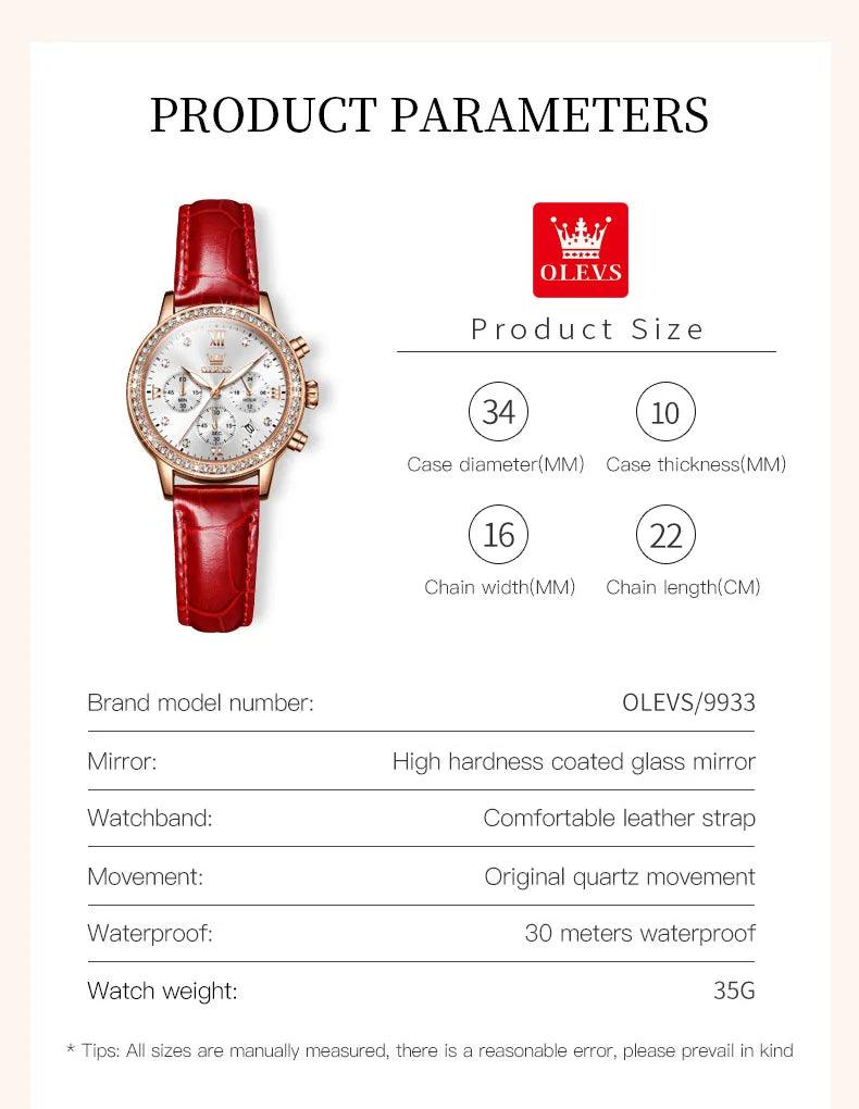 OLEVS Women's Diamond Quartz Wristwatch | Luxury Waterproof Leather Strap Multifunction Watch