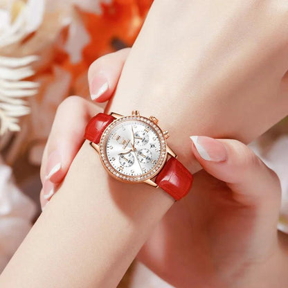 OLEVS Women's Diamond Quartz Wristwatch | Luxury Waterproof Leather Strap Multifunction Watch