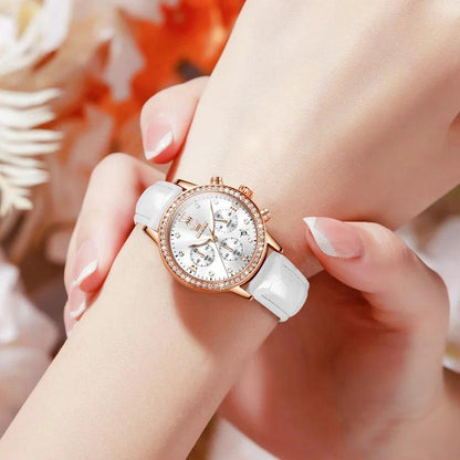 OLEVS Women's Diamond Quartz Wristwatch | Luxury Waterproof Leather Strap Multifunction Watch