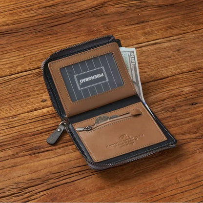 Open leather wallet with money on a wooden surface