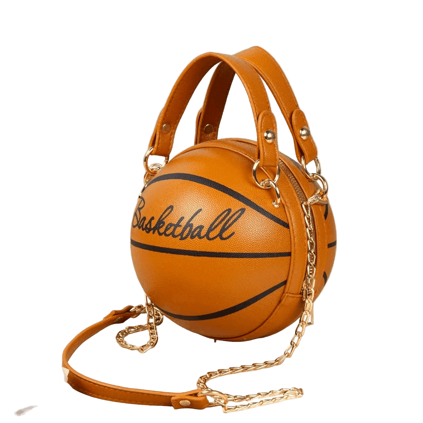 Basketball-shaped handbag with 'Basketball' text on a white background