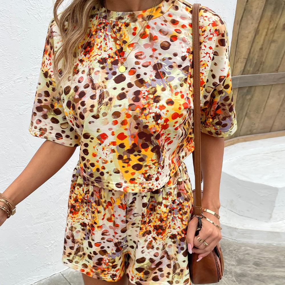 Printed Round Neck Dropped Shoulder Half Sleeve Top and Shorts Set