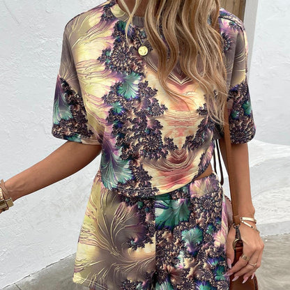 Printed Round Neck Dropped Shoulder Half Sleeve Top and Shorts Set