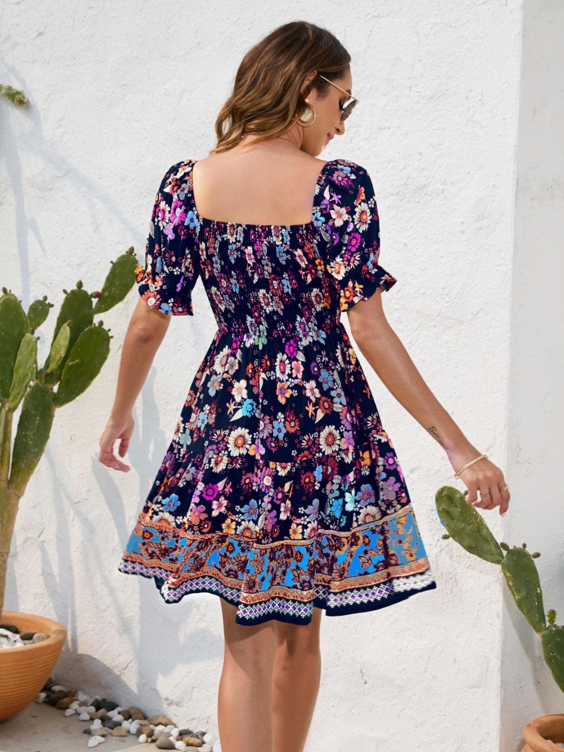 Printed Square Neck Short Sleeve Dress